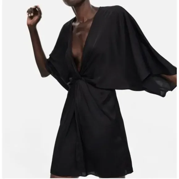 NWT Zara Satin Knotted Black Bat Wing Dress Mini sz M - Picture 3 of 12